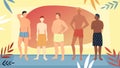 Concept Of Summer Vacations And Holidays, Beauty And Fashion. Multiethnic Group Of Men In Swimsuits Standing Together In