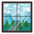 Concept summer window landscape view, green grass forest valley and mountain range isolated on white, flat vector illustration