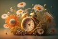 Concept is summertime. Bright alarm clock and chamomile flowers. Generative ai