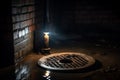 Sump pump manhole with water backup viewed with a flashlight. Generative AI Royalty Free Stock Photo