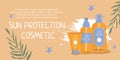 The concept of sun protection. Banner with sunscreen cosmetics. Starfish and palm leaves. Modern illustration for print and web