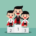 Concept super winner and success. Business people stand on the podium in cute cartoon style. Royalty Free Stock Photo