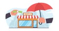 Concept of supporting small businesses, hand giving money to small store owners, hand holding an umbrella as symbol of