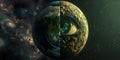 Surreal 3D render of cosmic entity with Earthlike continents on one half and a giant eye on the