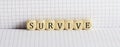 Concept SURVIVE Words written on a wooden block on the notebook. Leadership concept