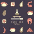 Concept of sushi bar menu with asian dishes elements Royalty Free Stock Photo