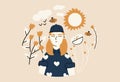 The concept of taking care of yourself, mental health. The girl spends time with herself in nature. Vector illustration in hand