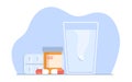 Concept of taking medication, tablet dissolving in glass of water. Medical pharmacy composition with painkiller and