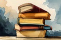 Tall stack of old books, watercolor hand drawn illustration isolated on white background. Generative AI Royalty Free Stock Photo