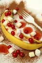 Concept of tasty dessert with banana, close up Royalty Free Stock Photo