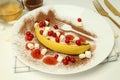 Concept of tasty dessert with banana, close up Royalty Free Stock Photo