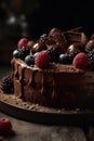 Concept of tasty dessert chocolate mousse cake. Tasty tiramisu cake on background.