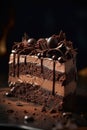 Concept of tasty dessert chocolate mousse cake. Tasty tiramisu cake on background.