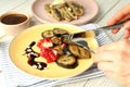 Concept of tasty dessert with grilled banana, close up Royalty Free Stock Photo