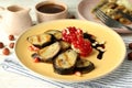 Concept of tasty dessert with grilled banana, close up Royalty Free Stock Photo