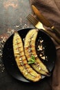 Concept of tasty dessert, grilled banana, top view Royalty Free Stock Photo