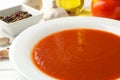 Concept of tasty dinner with tomato soup, close up Royalty Free Stock Photo