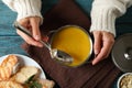 Concept of tasty eating with pumpkin soup, top view Royalty Free Stock Photo