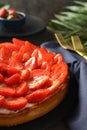 Concept of tasty food with strawberry tart, close up Royalty Free Stock Photo