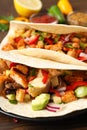 Concept of tasty food with taco close up