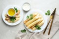 Concept of tasty food, thin pancakes with filling, top view Royalty Free Stock Photo