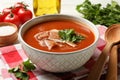 Concept of tasty food with tomato soup, close up Royalty Free Stock Photo