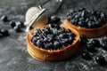 Concept of tasty lunch with blueberry pies on dark background