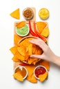 Concept of tasty snacks, corn chips, top view