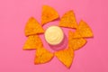 Concept of tasty snacks, corn chips, top view