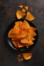 Concept of tasty snacks, corn chips, top view