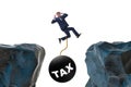 Concept of tax burden with businessman over chasm