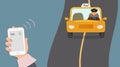 Concept of taxi services. Mobile phone in cute female hand with a taxi call on the screen. Yellow cab with a taxi driver rides on