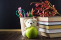 Concept of Teacher's Day. Objects on a chalkboard background. Books, a green apple, a bear, pencils and pens in a glass, a twig w