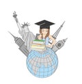 The concept of teaching around the world. world sights on the background of the Earth. girl with books. vector illustration.