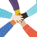 Vector cartoon illustration of people gathering hands
