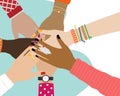 Concept of team work. Friends with stack of hands showing unity and teamwork, top view. People putting their hands together Royalty Free Stock Photo