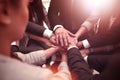 Close-Up of hands business team showing unity with putting their hands together. Royalty Free Stock Photo