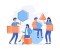 Concept of teamwork, People organize abstract geometric shapes scattered around them. colleagues work together on creative project Royalty Free Stock Photo