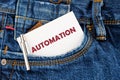 The concept of technology and development. Phrase, words, text AUTOMATION a hint on a piece of paper from your pocket Royalty Free Stock Photo