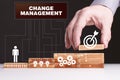 The concept of technology, the Internet and the network. Businessman shows a working model of business: Change management Royalty Free Stock Photo