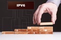 The concept of technology, the Internet and the network. Businessman shows a working model of business: IPv6