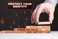 The concept of technology, the Internet and the network. Businessman shows a working model of business: Protect your identity