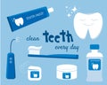 Concept of teeth hygiene items: toothbrush, toothpaste, tooth powder, floss, oral flosser. and mouthwasher with sign Royalty Free Stock Photo