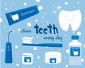Concept of teeth hygiene items: toothbrush, toothpaste, tooth powder, floss, oral flosser. and mouthwasher with sign
