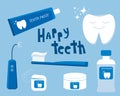 Concept of teeth hygiene items: toothbrush, toothpaste, tooth powder, floss, oral flosser. and mouthwasher with sign Royalty Free Stock Photo