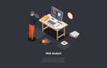 Concept Of Testing, Data Analysis And Science, Debugging. SEO Web Analyst Man Marketer Analyzing Data And Diagram In