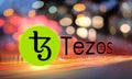 Concept of Tezos coin moving fast on the road, a Cryptocurrency blockchain platform