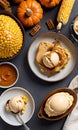 Thanksgiving Corn And Turkey Bread Adjacent To A Plate Of Pumpkin And Caramel Ice Crea. Generative AI Royalty Free Stock Photo