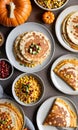 Thanksgiving Corn And Turkey Quesadillas Adjacent To A Plate Of Pumpkin Pancake. Generative AI Royalty Free Stock Photo
