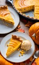 Thanksgiving Corn And Turkey Quiche Adjacent To A Dish Of Pumpkin And Honey Ice Crea. Generative AI Royalty Free Stock Photo